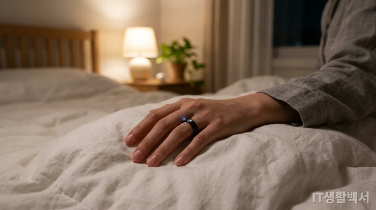 수면 추적 기능을 사용하는 스마트링을 착용한 한국 여성의 손