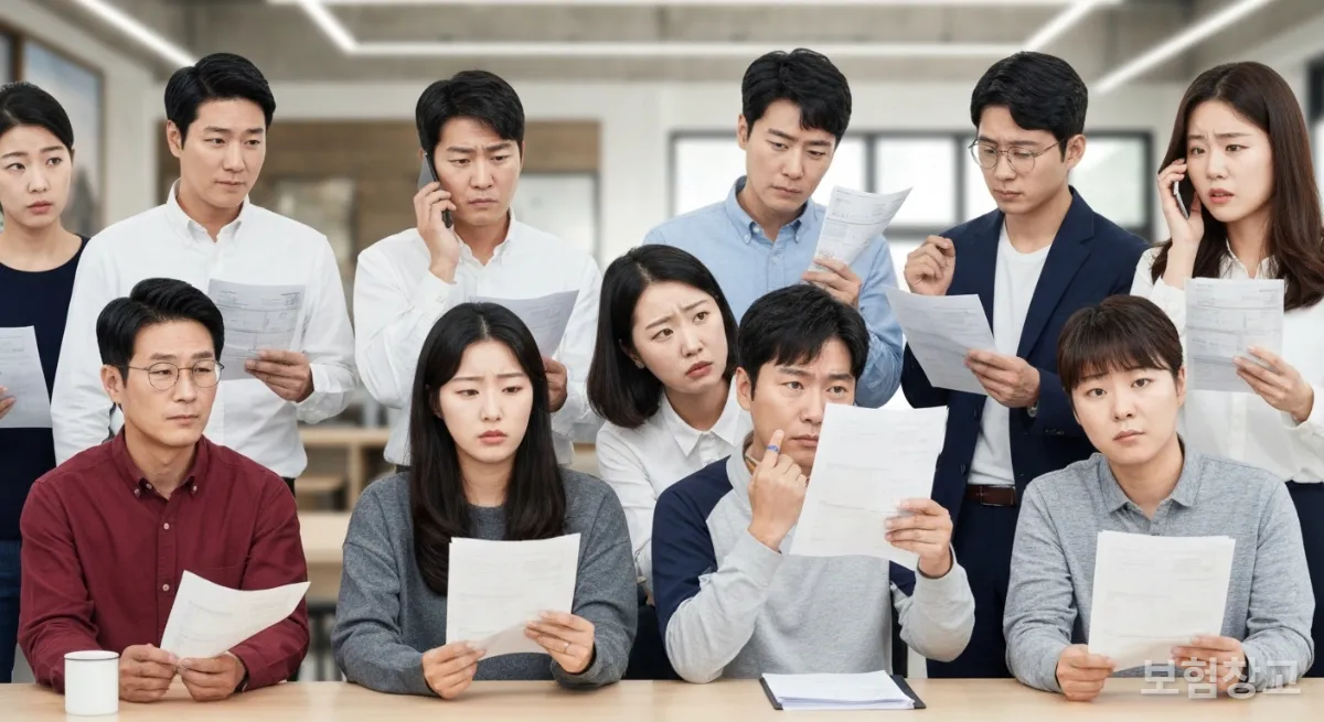 다양한 건강보험 서류를 들고 혼란스러워하는 한국인들