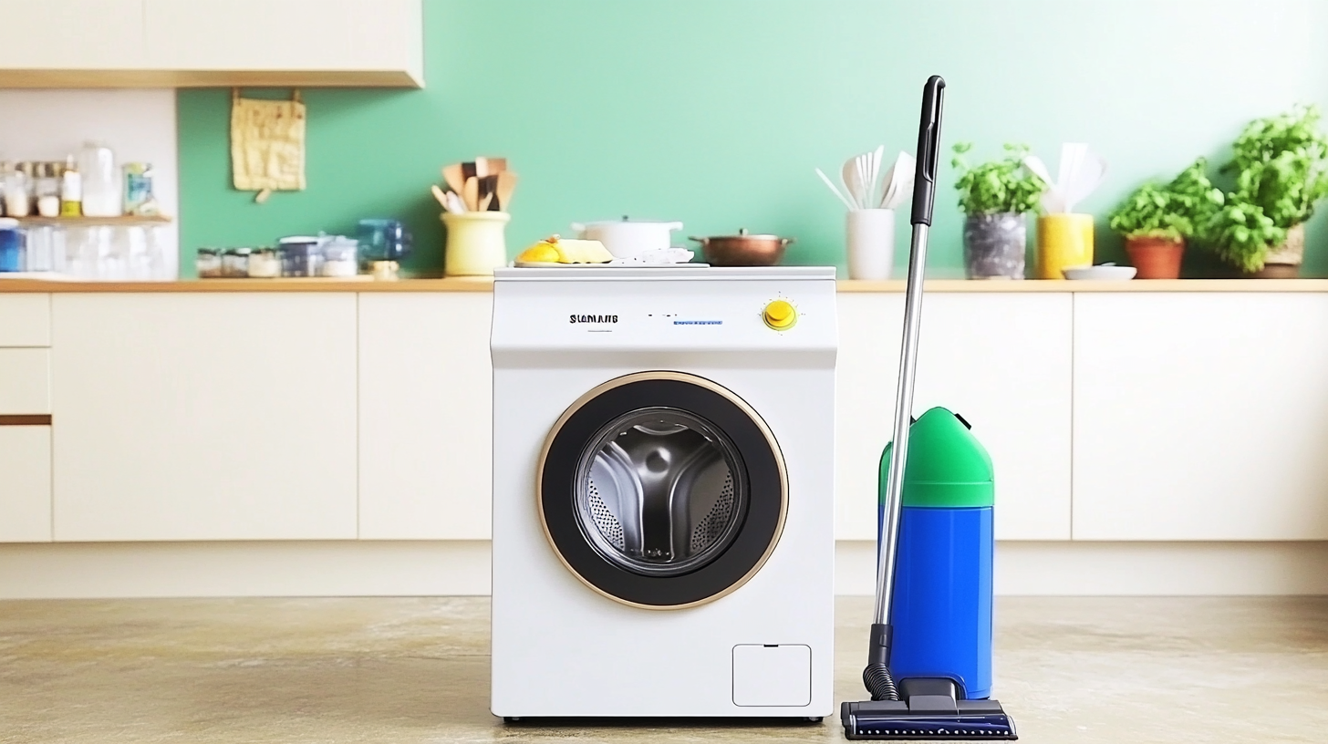 밝고 잘 꾸며진 주방에서 친환경적이고 에너지 효율적인 삼성 세탁기와 청소기 듀오, 환경을 생각한 디자인과 부드러운 낮의 조명이 돋보이는 선명한 이미지