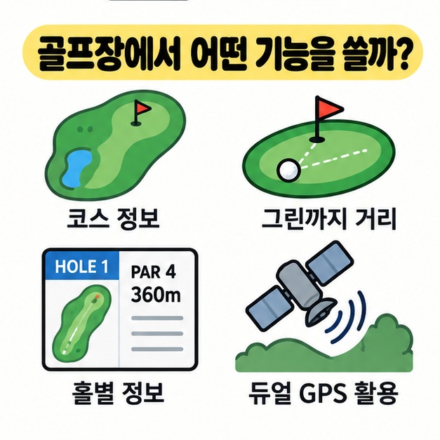 골프장에서 코스 정보와 거리를 확인하는 워치 화면을 보여주는 그림