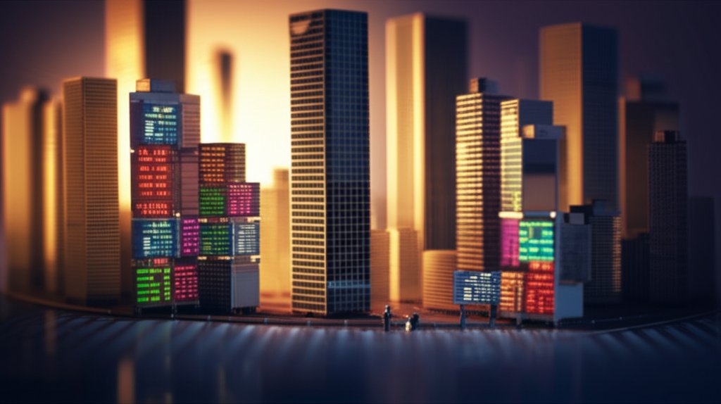 2026년 트럼프 이란 이슈가 국내 증시에 미치는 영향을 표현한 미니어처 디오라마 스타일, 틸트시프트 효과