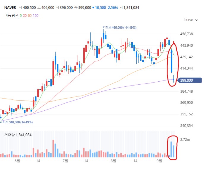 카카오,네이버 주가 하락