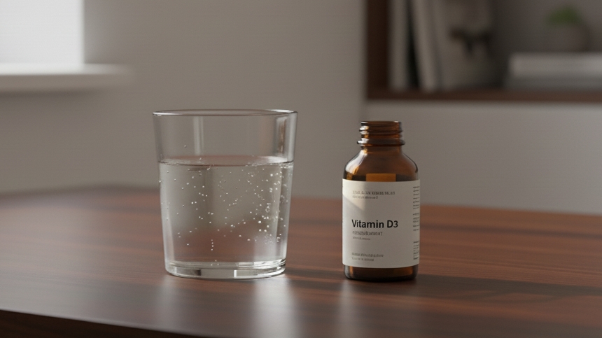 비타민 D 섭취를 상징하는 보충제와 물컵이 놓인 테이블