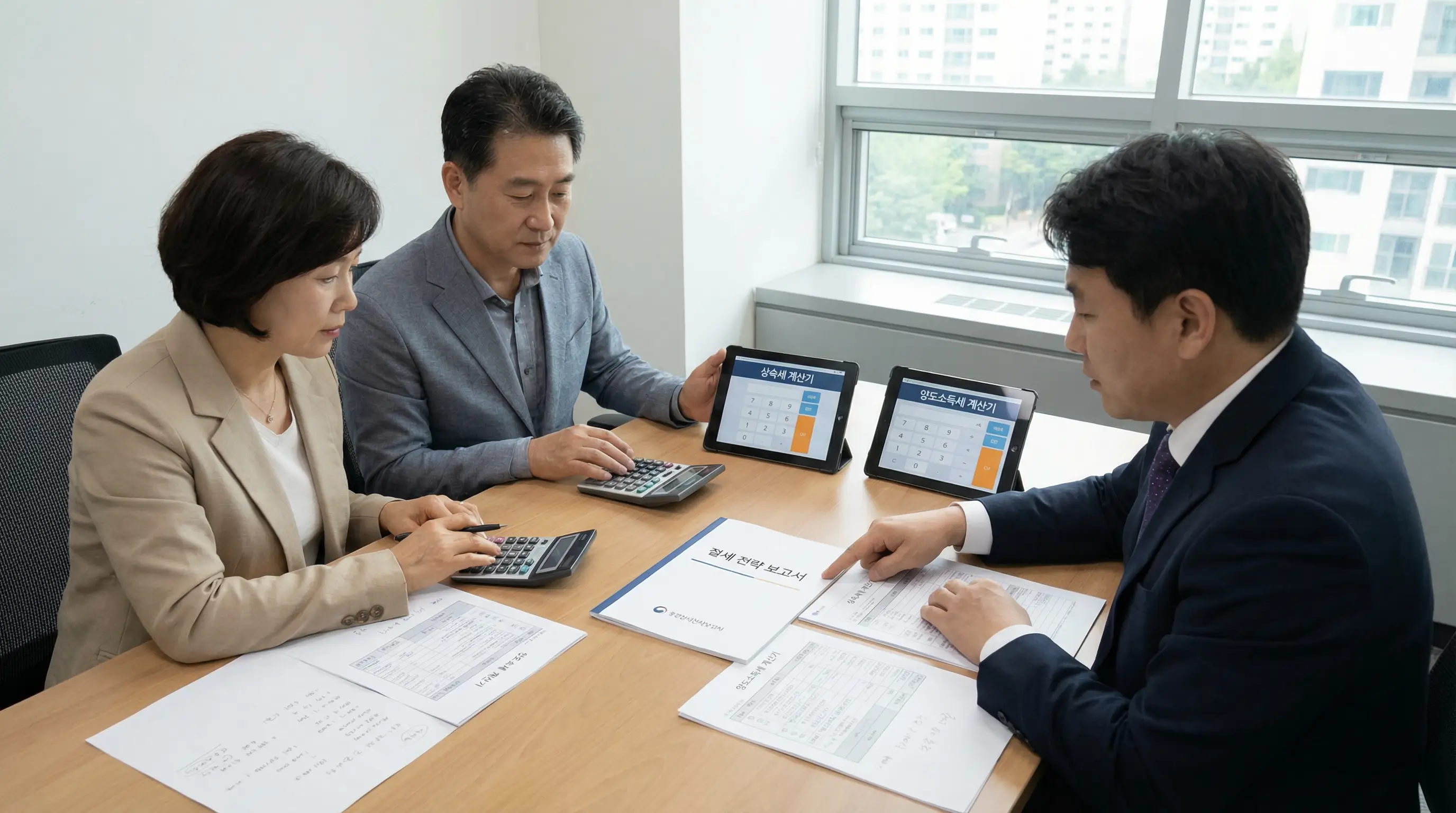 세무 전문가와 상담하며 상속세와 양도세 계산기를 두드려보고 절세 전략을 세우는 모습