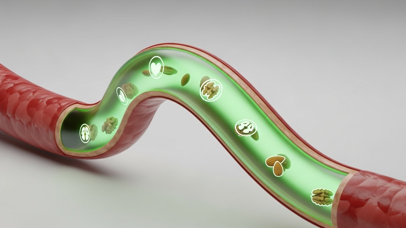 견과류 섭취를 통해 탄력 있고 유연해진 건강한 혈관의 단면을 보여주는 그래픽