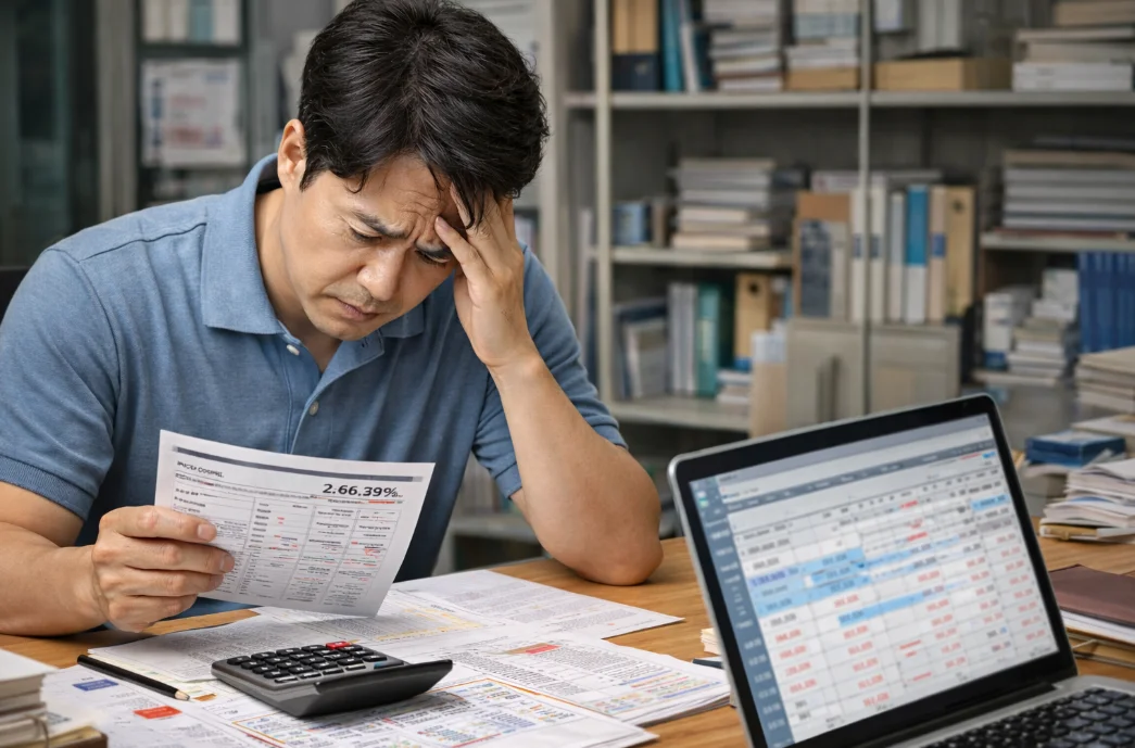 사무실에서 인건비와 급여 자료를 계산하며 최저임금 인상 이후 지원금 환수를 걱정하는 한국 사업주 모습