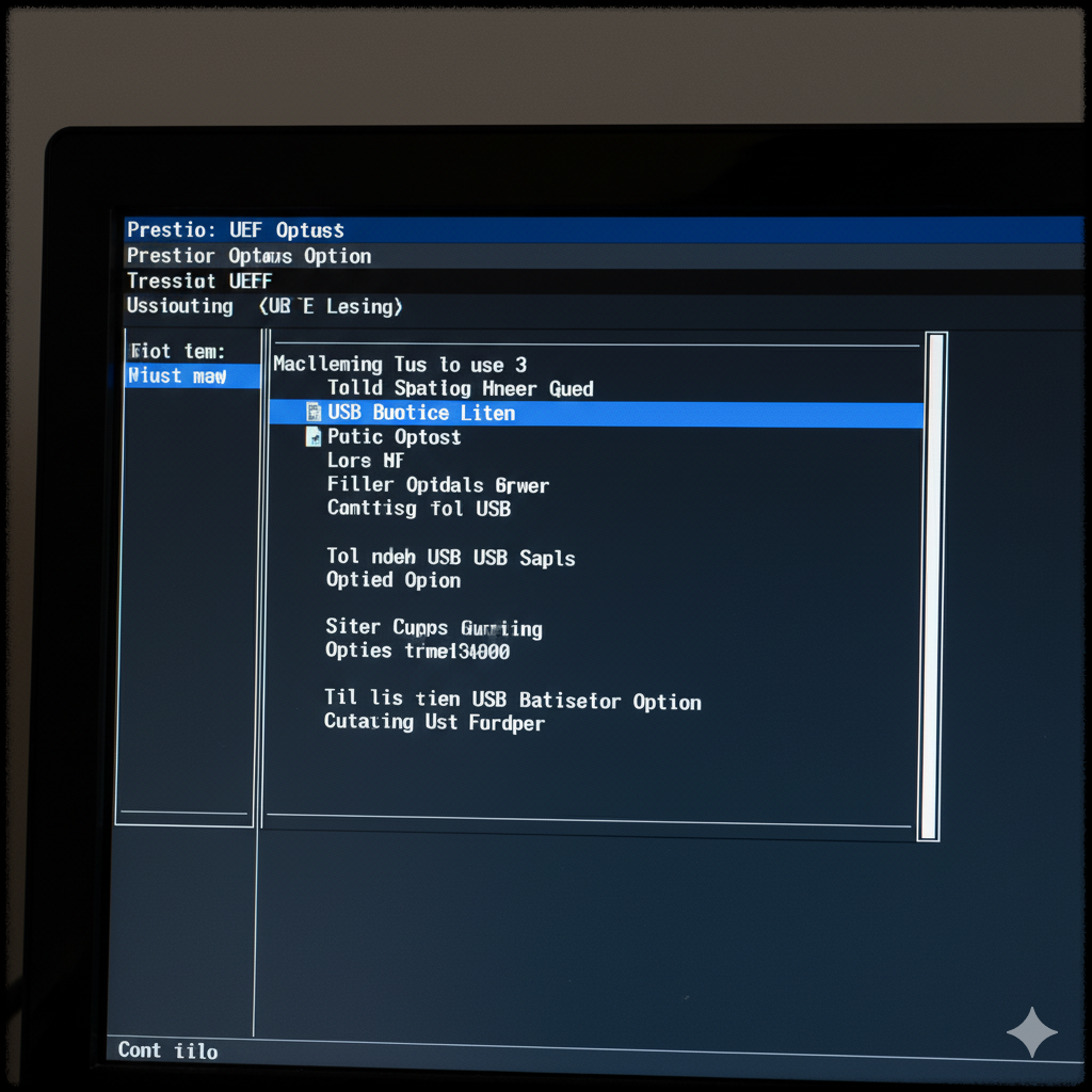 USB 부팅 옵션이 선택된 BIOS 또는 UEFI 부팅 메뉴
