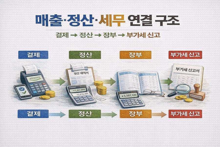 온라인 결제 매출이 정산 과정을 거쳐 회계 장부에 반영되고 부가세 신고로 이어지는 전체 흐름을 설명한 구조도 이미지입니다.