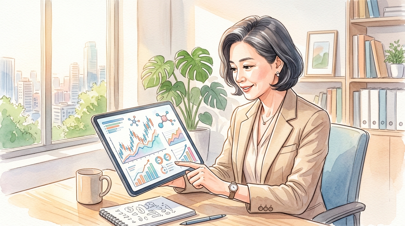 테블릿 pc를 이용하여 비상장 주식 거래를 안전한 플랫폼을 활용하여 자산을 안전하게 증식하는 여성의 모습.