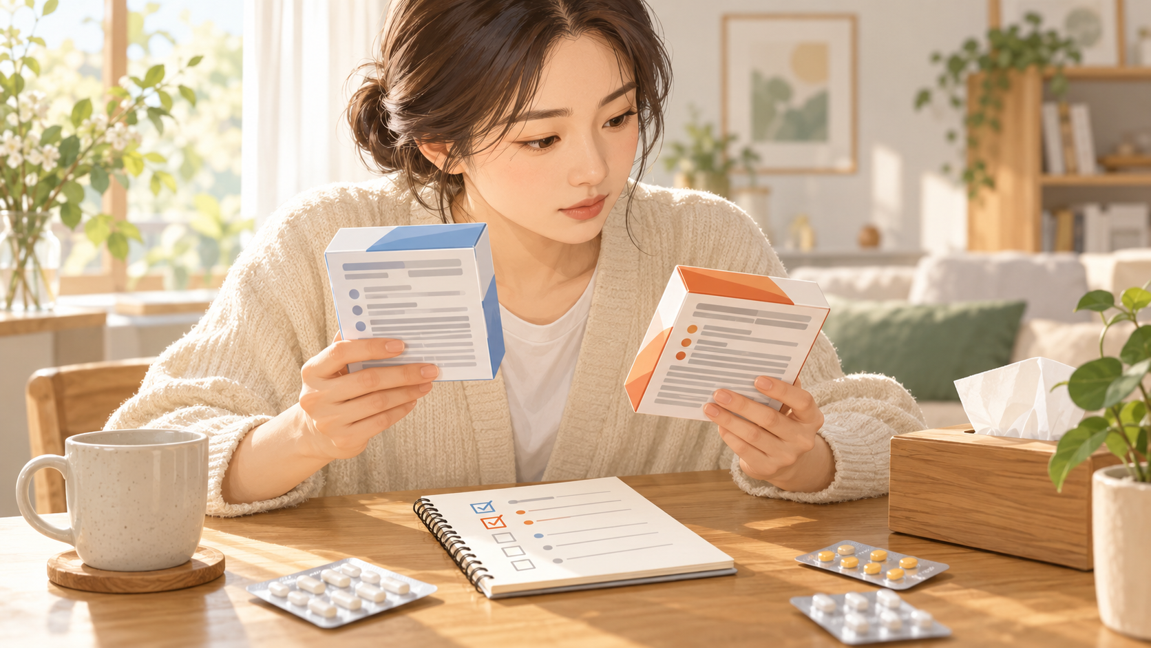 집에서 두 감기약 포장 뒷면의 주성분을 비교하는 사람