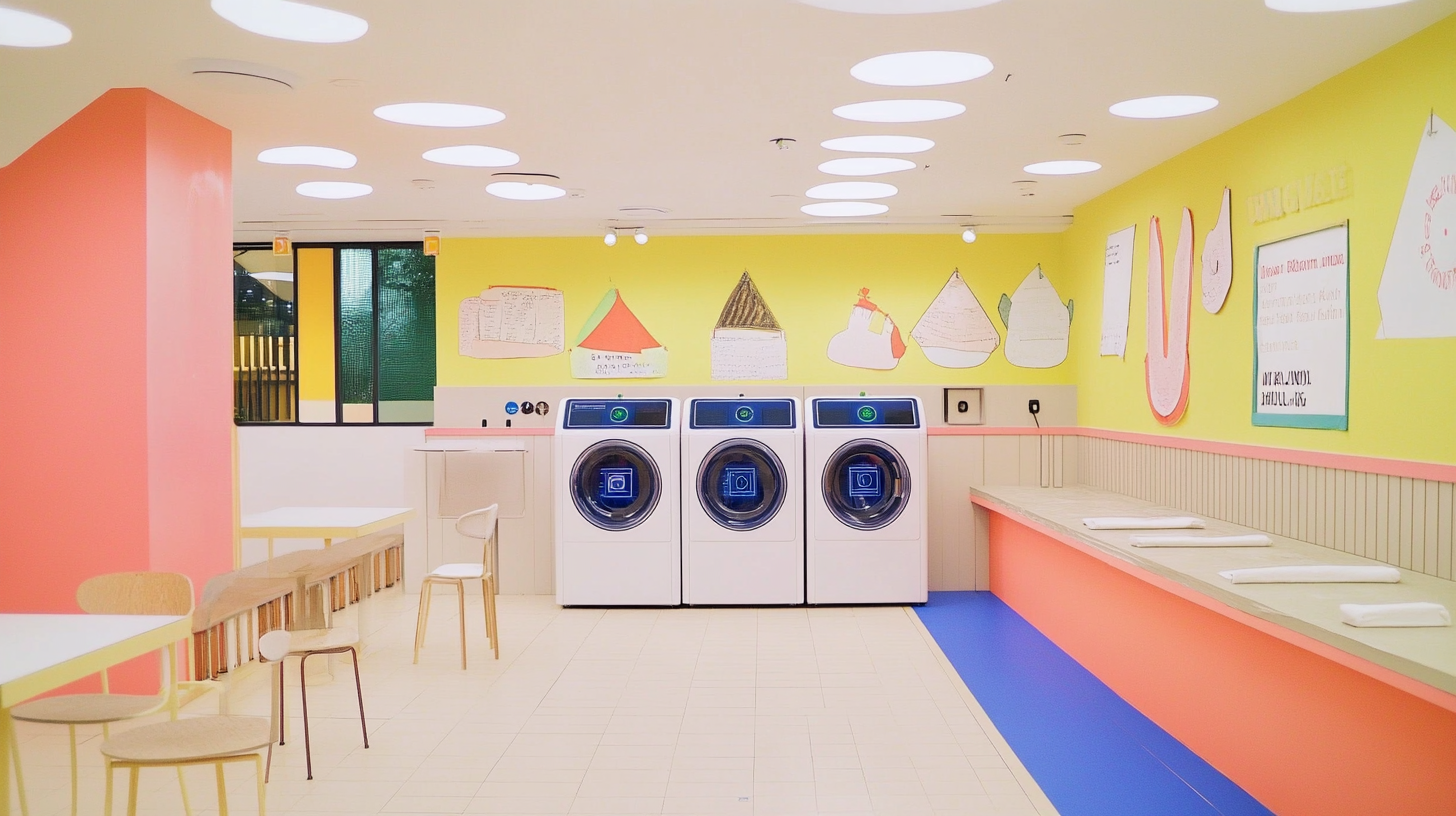 최신 AI 기술과 미래적인 디자인의 세탁기가 배치된 현대적인 세탁실 모습.