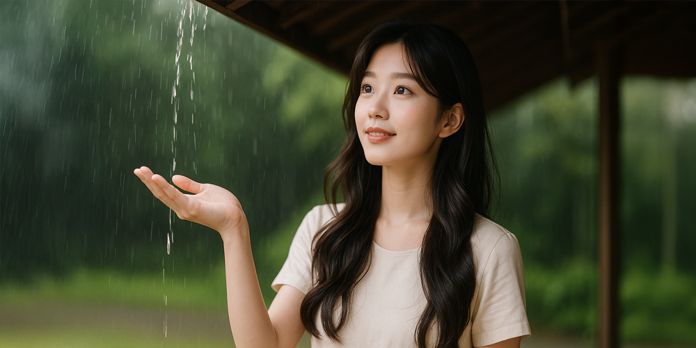 꿈에서 처마에 떨어지는 빗물을 확인하는 여성