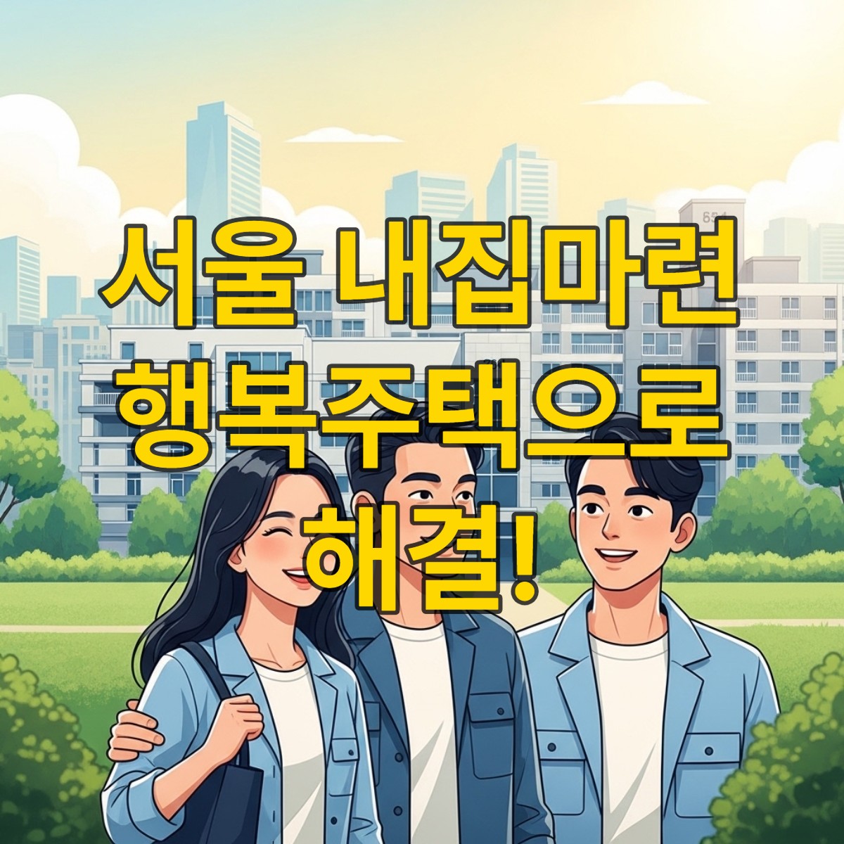 젊은 청년과 신혼부부가 서울의 현대적인 행복주택 단지 앞에서 희망찬 미소를 짓고 있는 모습