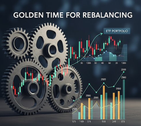 톱니바퀴가 돌아가며 ETF 포트폴리오가 재조정되는 모습. 시장 변동성을 활용한 리밸런싱의 골든 타임을 시각적으로 표현