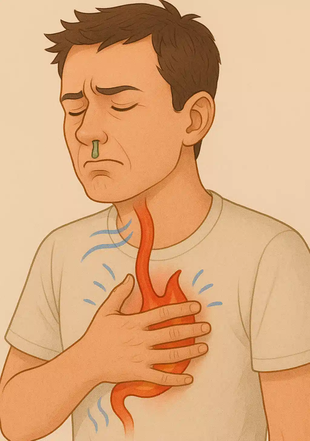 비염으로 콧물이 흐르며 속쓰림을 느끼는 남성