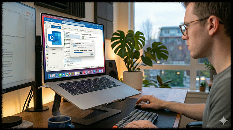 아웃룩에서 메일 동기화를 새로고침하는 모습