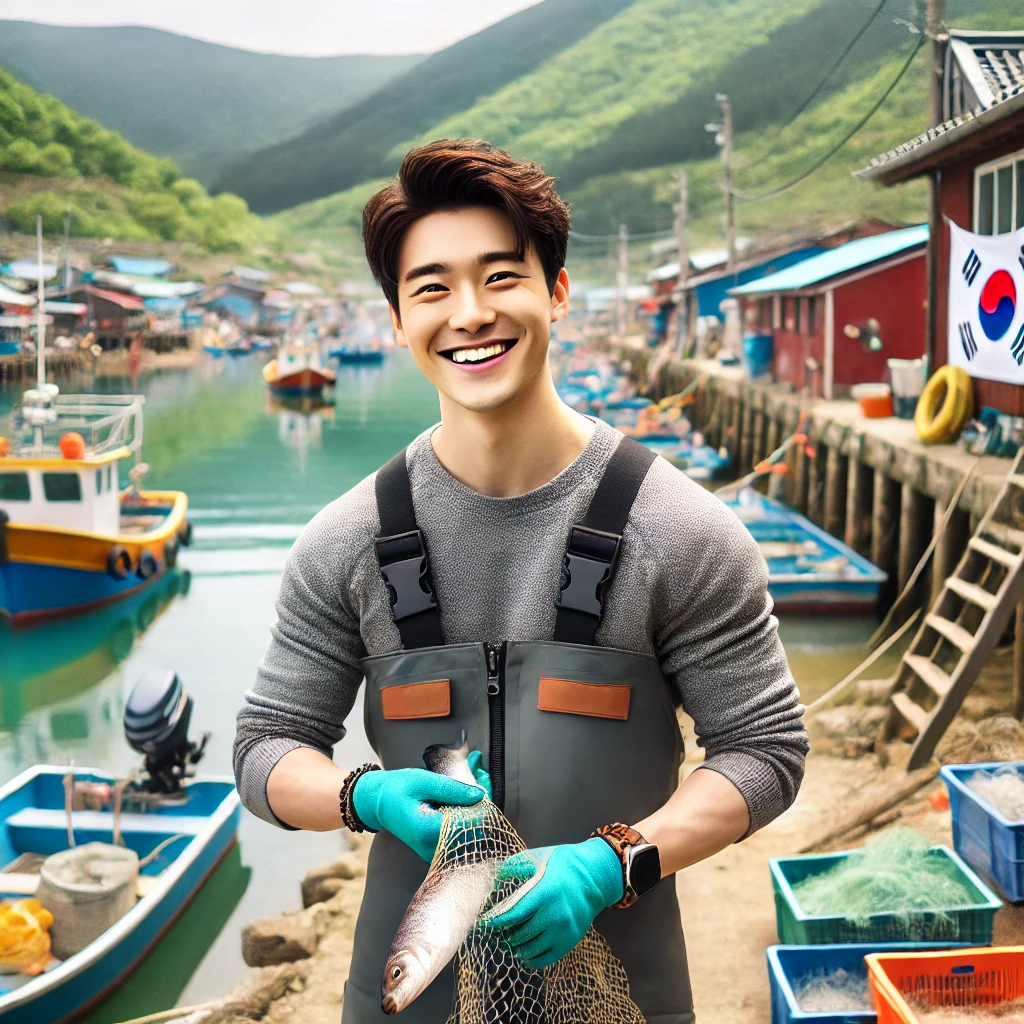 청년 어부가 웃고있는 모습 사진