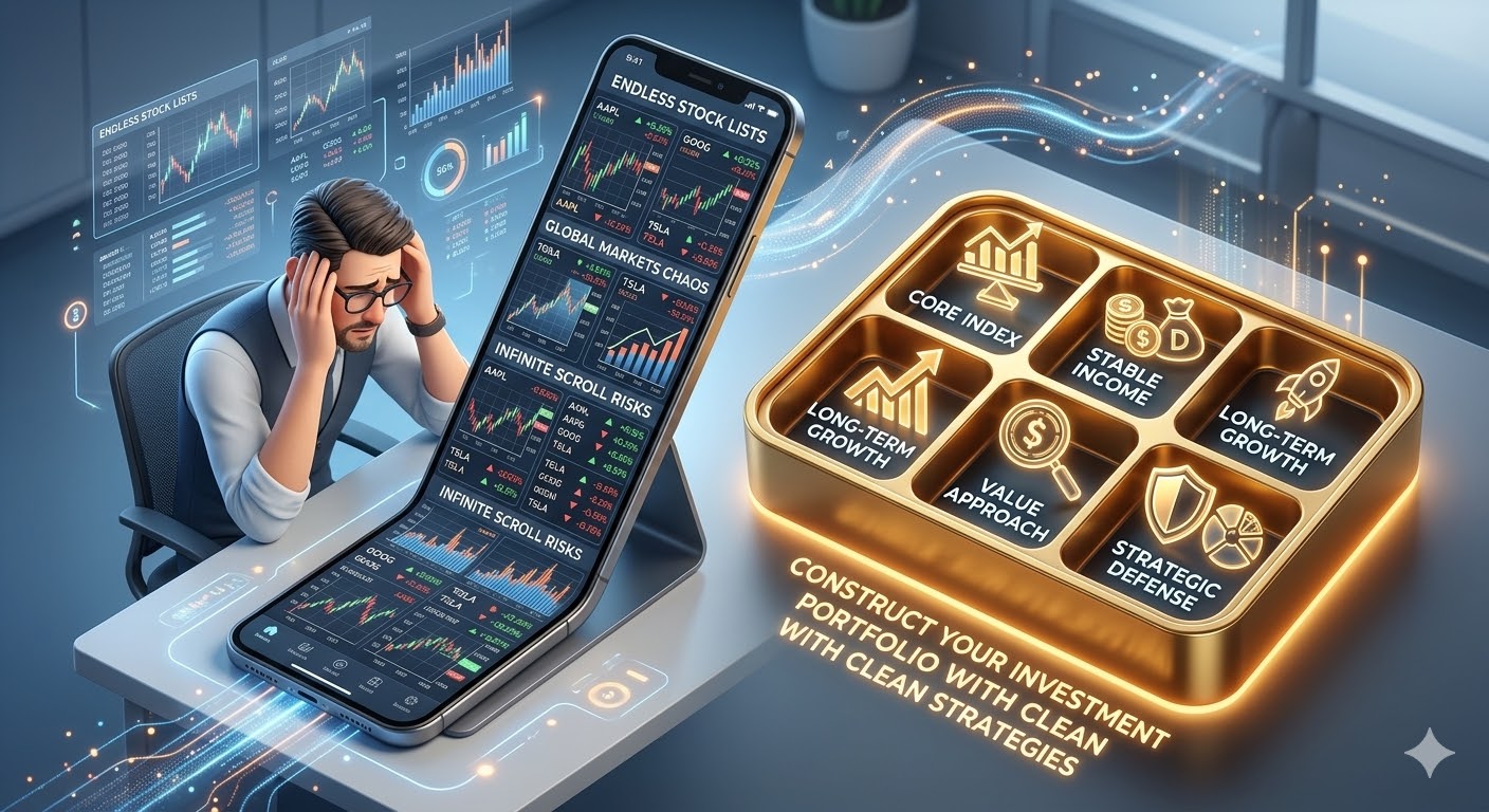 끝없이 아래로 스크롤되는 스마트폰 MTS 화면 뒤로 한숨 쉬는 아빠의 실루엣, 그 옆에 '5첩 반상'으로 깔끔하게 차려진 황금색 식판이 대비되는 3D 일러스트