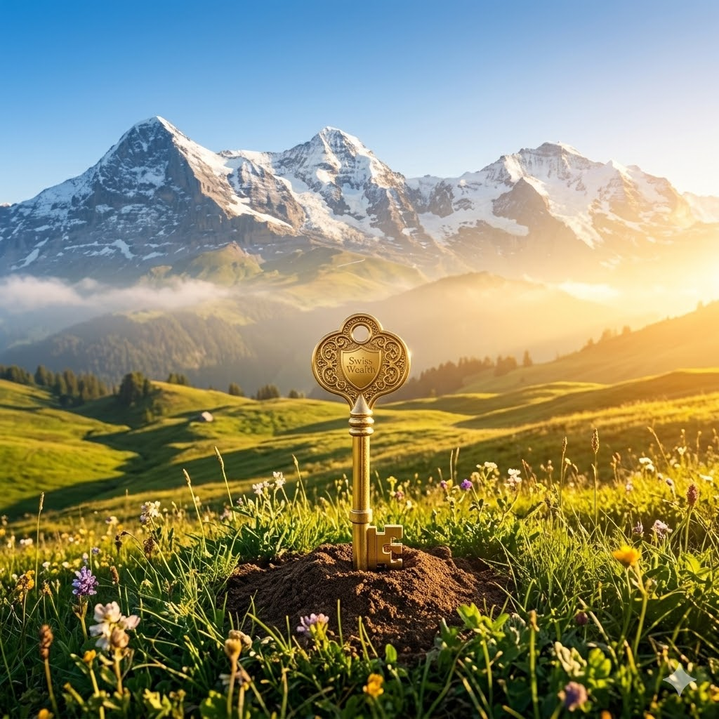 A pristine 1:1 photograph of a golden key symbolizing wealth security, resting in the Alpine soil of the vast green meadows of the Swiss Alps at sunrise.
