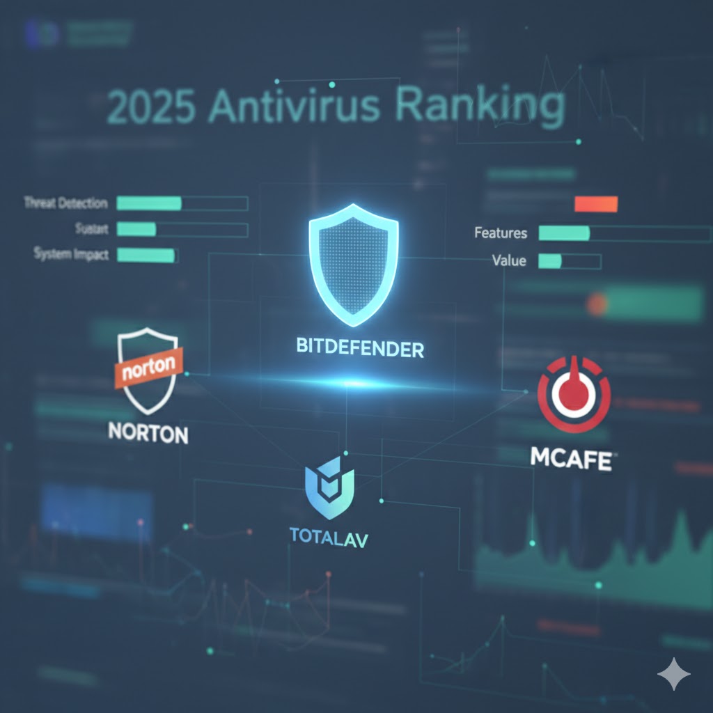 "2025년 안티바이러스 순위"라는 제목 아래, Bitdefender, Norton, McAfee, TotalAV 로고가 전자 인터페이스 위에 배치되어 있습니다. 중앙에 위치한 Bitdefender 로고는 가장 밝게 빛나며, 다른 로고들은 주변에 균형 있게 배치되어 있습니다. 인터페이스에는 "Threat Detection", "System Impact", "Features", "Value"와 같은 평가 지표를 나타내는 바 그래프가 보이며, 전반적으로 디지털 보안 및 데이터 분석 분위기를 연출합니다.