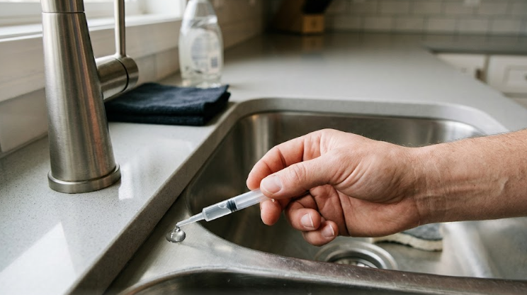 주방 싱크대 구석에 바퀴벌레 독먹이 겔을 도포하는 모습