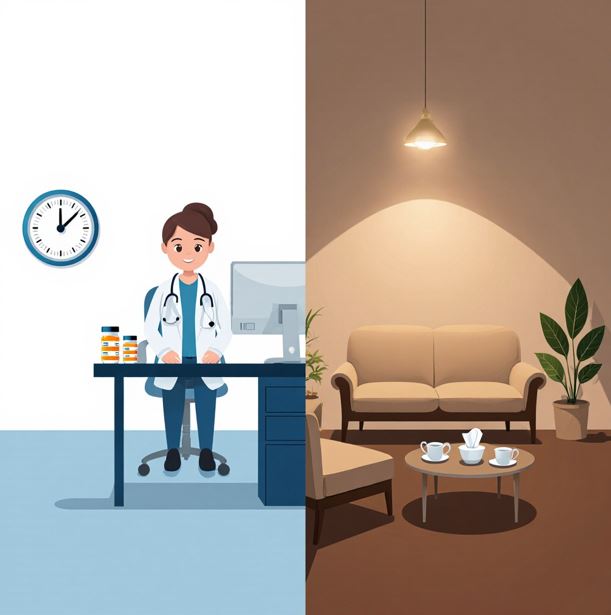 오른쪽에 상담실과 왼쪽의 진료실의 모습을 대비적으로 보여준다.