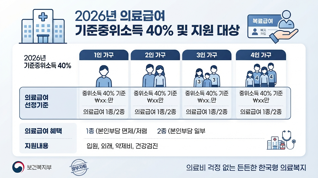 2026 의료급여 수급자 조건과 기준중위소득 40%를 설명하는 대표 인포그래픽