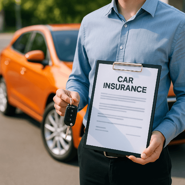 자동차 보험료 서류를 들고 있는 남성과 주황색 차량