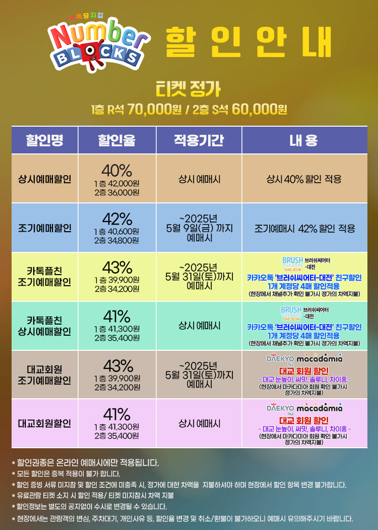 넘버블록스 대전 공연 할인 안내표