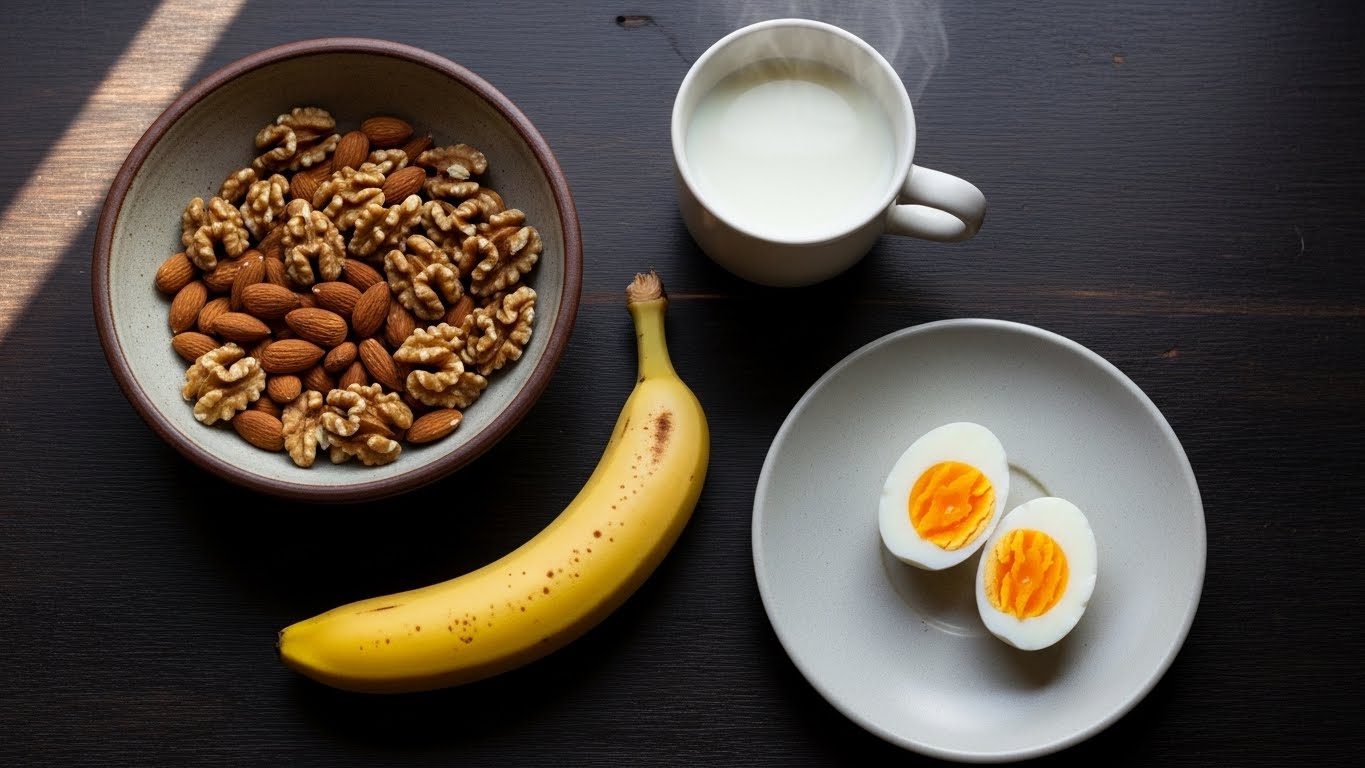 숙면에 도움을 주는 마그네슘과 트립토판이 풍부한 견과류, 바나나, 우유 등의 식단