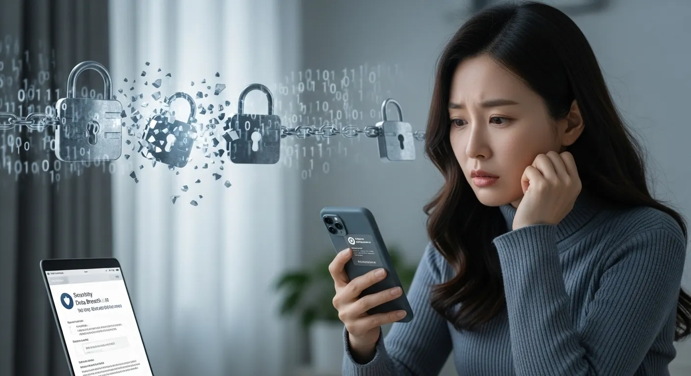 쿠팡 개인정보 유출 소식을 스마트폰으로 확인하며 걱정스러운 표정을 짓고 있는 여성