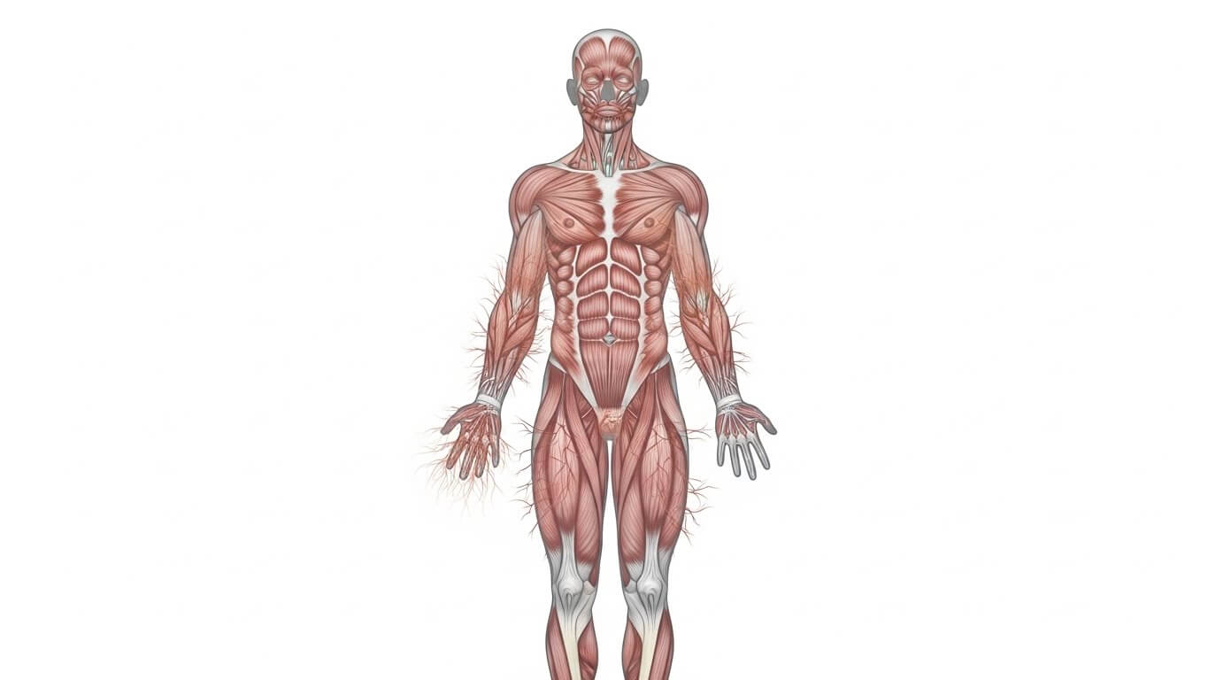 전신 근육 구조를 상세히 보여주는 인체 해부도 일러스트. 주요 근육군과 근섬유가 시각적으로 표현된 근감소증·근육 건강 교육용 이미지.