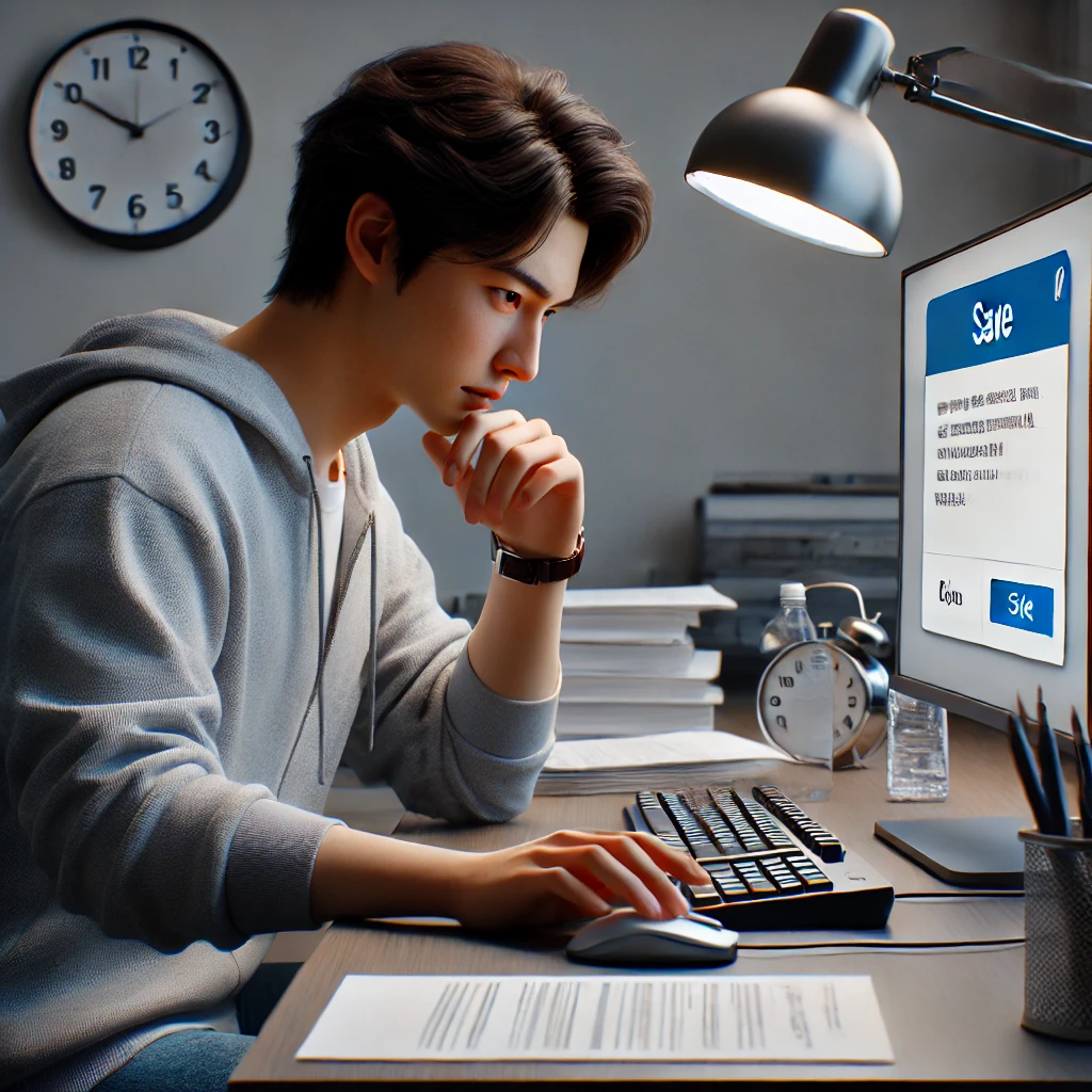 남성이 시험 중 컴퓨터에서 작업을 저장하는 장면. 그는 저장 버튼을 누르고 있으며, 책상 위에는 시계와 물병이 놓여 있습니다. 방은 정리되어 있고 밝은 조명이 비추고 있습니다