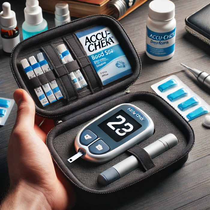 휴대용 가방에 담긴 아큐첵 퍼포마 혈당 측정기와 소독 용품.