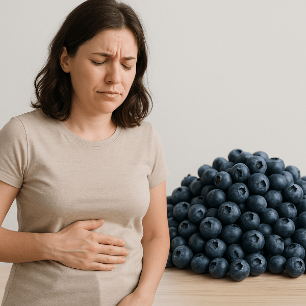 블루베리 과다섭취로 복부팽만을 겪는 여성