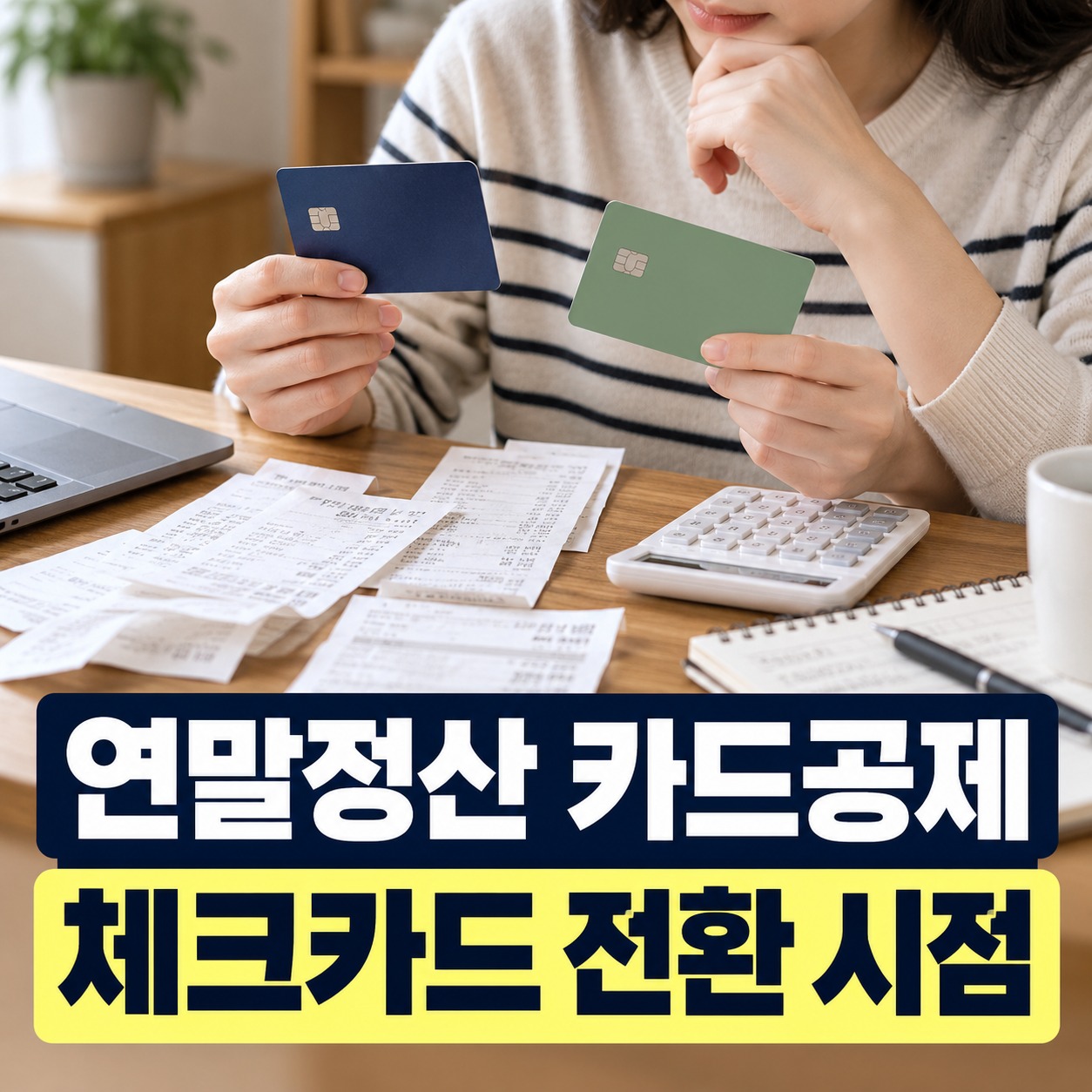 영수증과 계산기를 놓고 신용카드와 체크카드를 비교하는 직장인