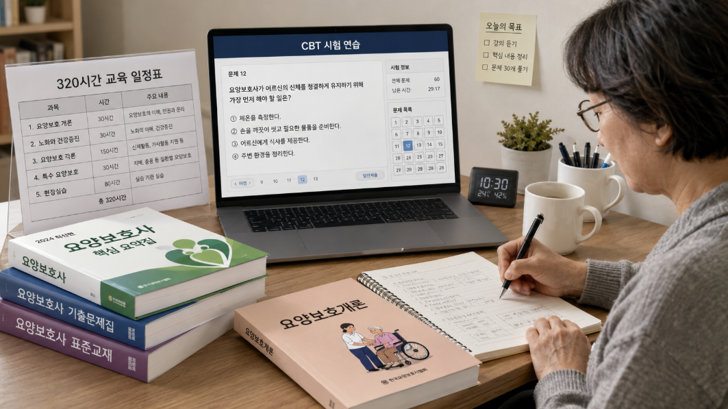 요양보호사 교육시간 320시간과 CBT 시험을 준비하는 학습 장면