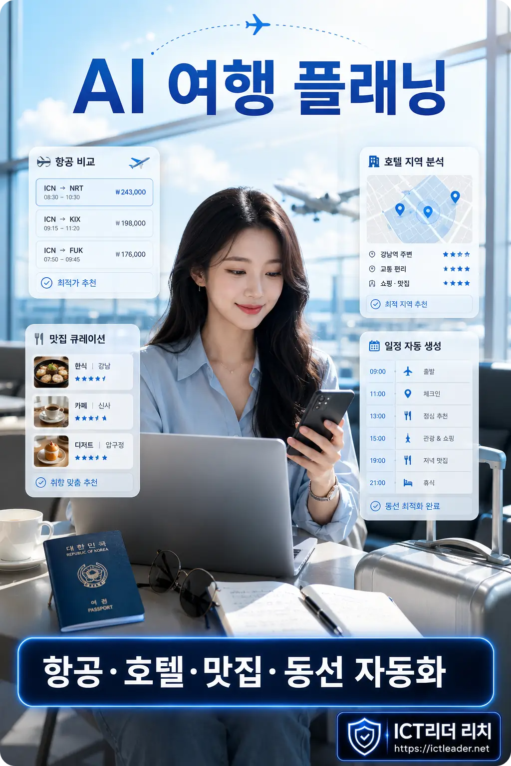 ChatGPT 해외여행 자동화로 항공 숙소 맛집 동선을 비교하는 남성 중심 AI 인포그래픽