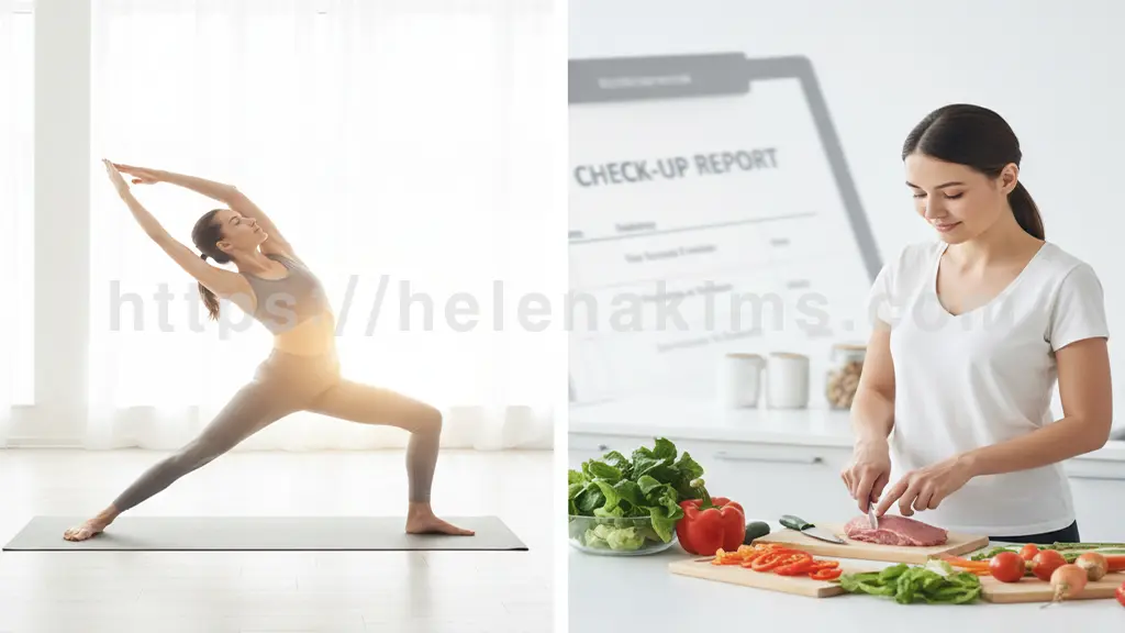 한쪽에서는 요가복을 입은 여성이 유연하게 스트레칭하고, 다른 한쪽에서는 건강한 식재료로 식사를 준비하는 이미지.