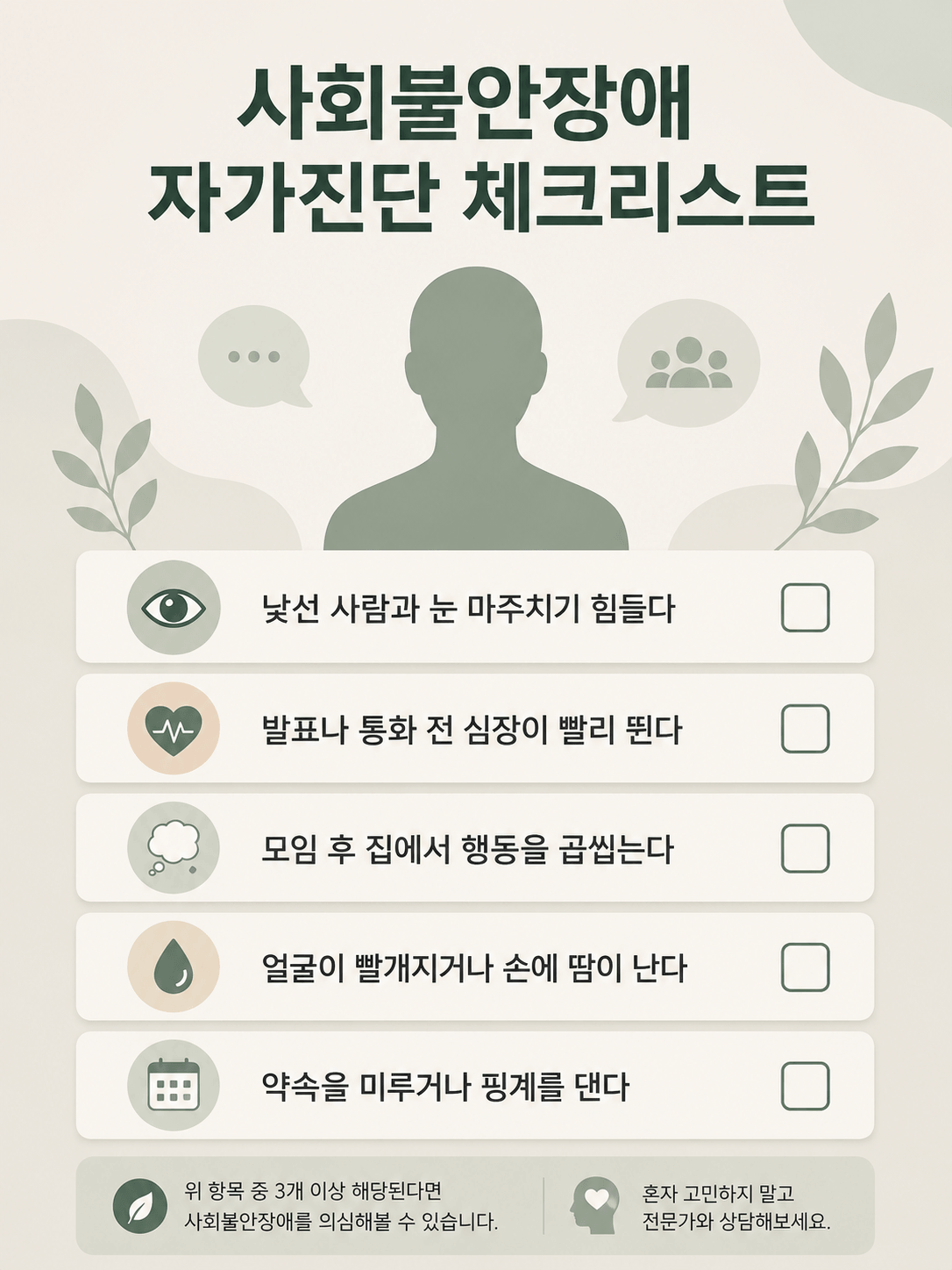 사회불안장애 자가진단 체크리스트를 눈 맞춤 어려움, 발표 전 심장 두근거림, 행동 반복 반추, 얼굴 홍조와 손발 땀, 약속 회피 등 5가지 증상으로 정리한 심리 건강 인포그래픽