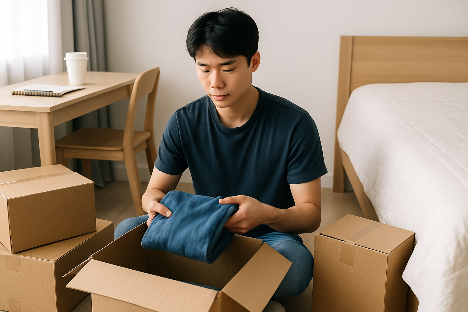 청년이 이사 후 방에서 이삿짐 상자를 정리하는 모습