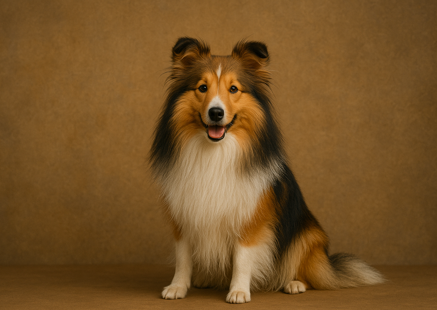 황색계열의 배경에 셰틀랜드 쉽독 1마리가 앉아서 웃는 표정을 짓고 있음