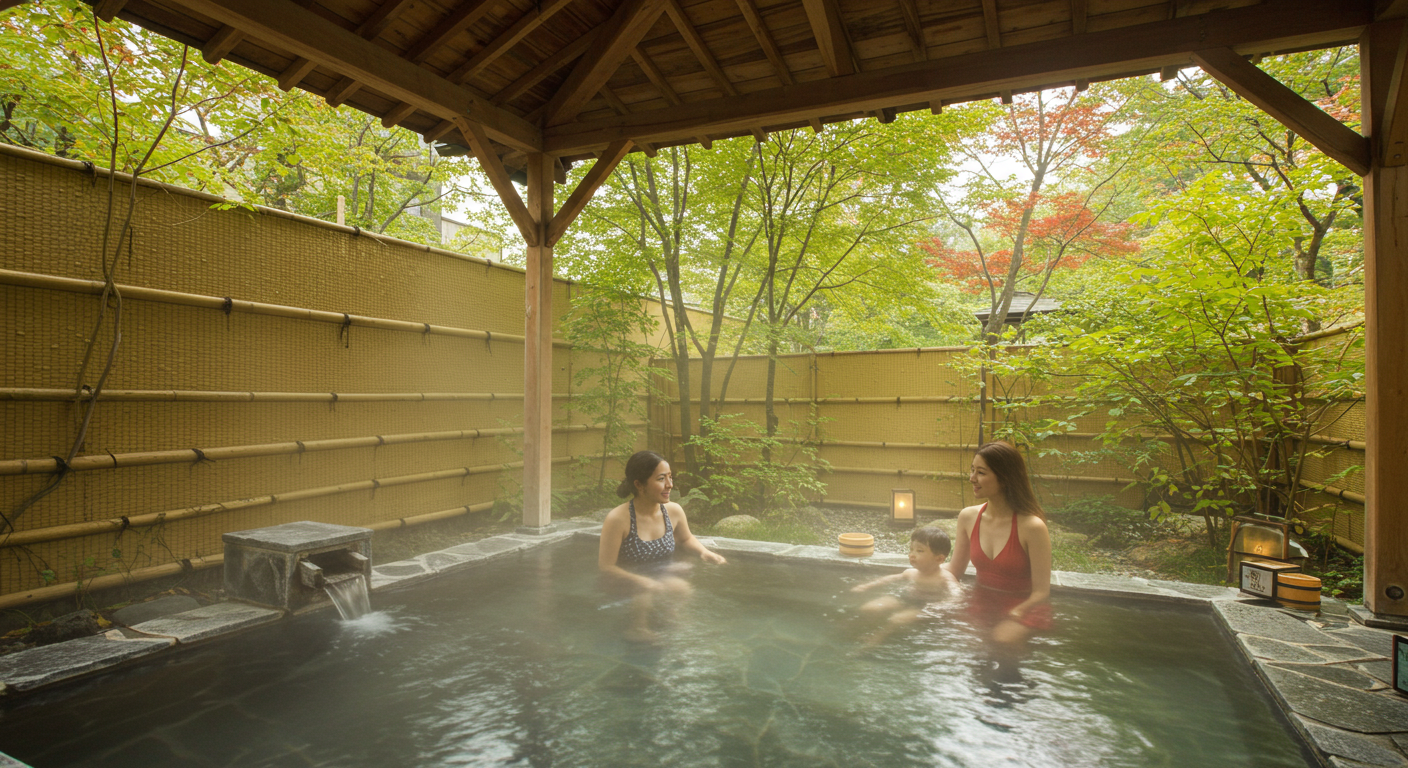 김이 피어오르는 일본 료칸의 한적한 노천 온천에 사람들이 즐기고 있는 모습