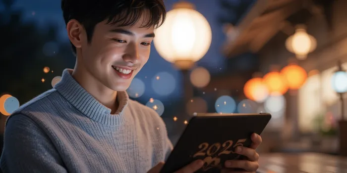 밤 시간대 편안한 분위기에서 2025년 말띠 운세를 읽고 있는 모습
