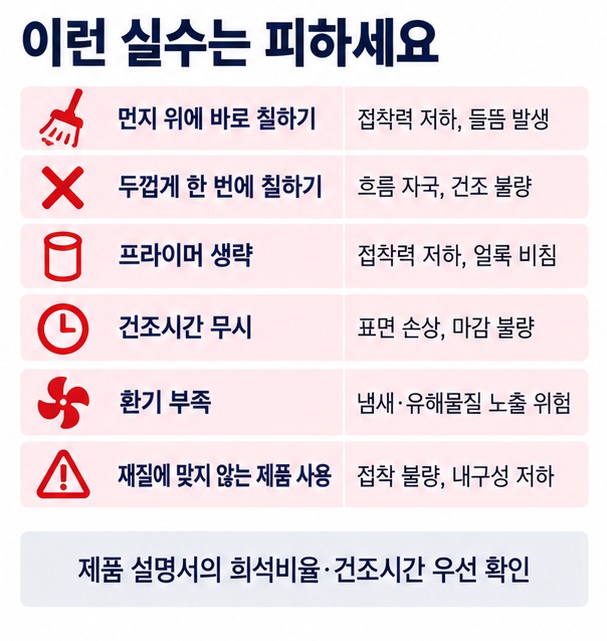 먼지 위 도장 두꺼운 도장 프라이머 생략 건조시간 부족 환기 부족 재질에 맞지 않는 제품 사용을 정리한 페인트칠 실수 체크리스트