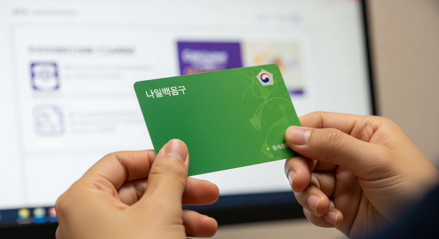 국민내일배움카드를 들고 학습 자료를 보고 있는 한국인의 손. 국비 지원 교육을 통한 재취업 준비를 상징합니다.