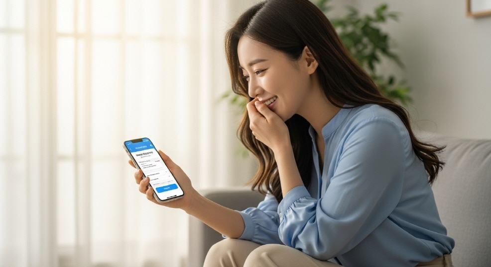 스마트폰으로 수도요금 납부 화면을 보는 여성