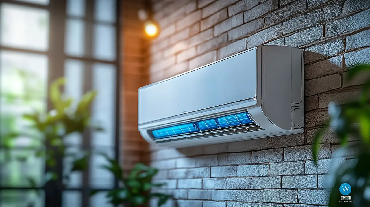 구형 에어컨 사용으로 인한 전기요금 상승을 시각화한 이미지, 도시 아파트 느낌