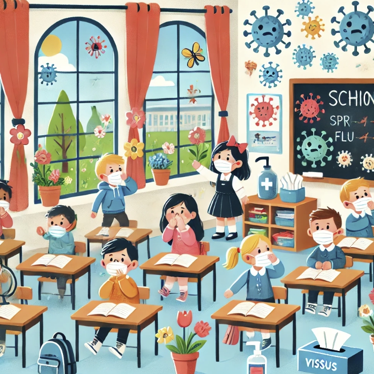 교실에서 독감을 피하기 위해 마스크를 착용한 학생들 사진