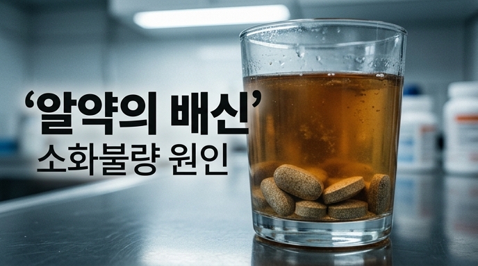 물컵 바닥에 녹지 않고 가라앉은 알약들을 통해 소화불량의 원인과 알약의 배신을 표현한 이미지